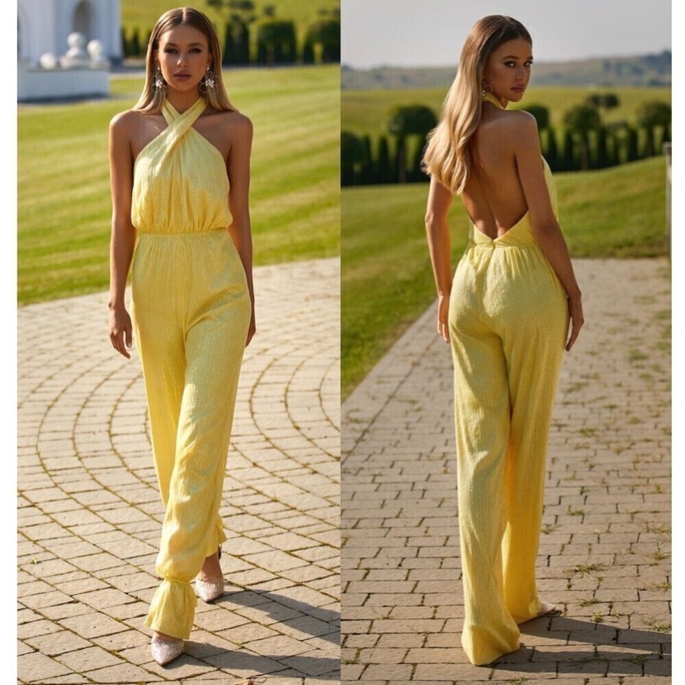 NWT Alamour the Label Solange Halter Neck Jumpsuit Yellow Sequin French Girl